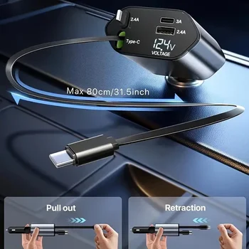 4 in 1 120W Car Charger Retractable Car Cigarette Lighter Adapter USB Type C Fast Charger Cable for IPhone Xiaomi POCO Samsung 5