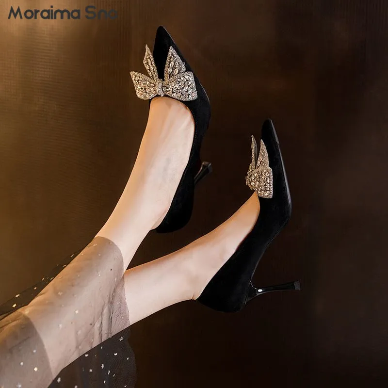 

Bowknot Shiny Rhinestone Black Pumps Spring New Suede Niche Design Pointed High Heels Temperament Fashion Women's Shoes
