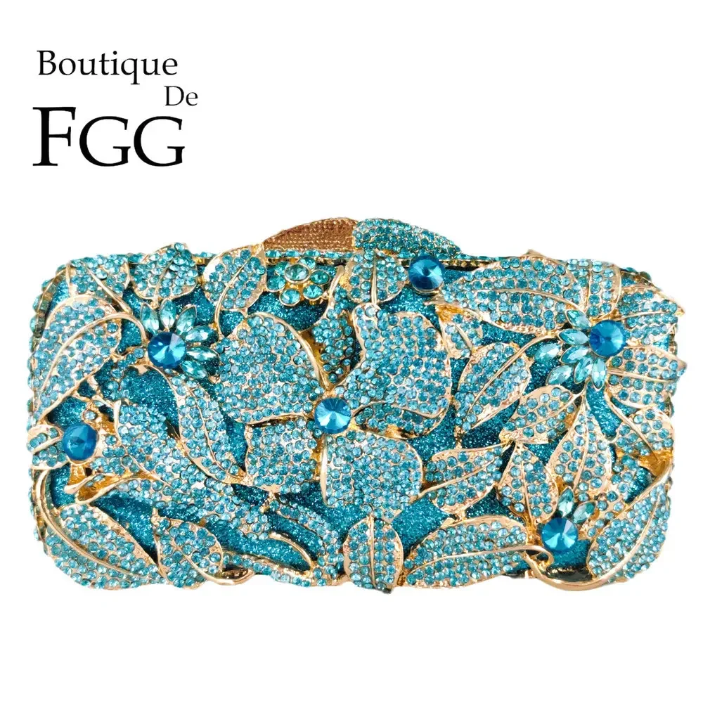 

Boutique De FGG Women Light Blue Flower Clutch Purses Formal Evening Handbags Bridal Floral Minaudiere Bag Crystal Clutch Bag