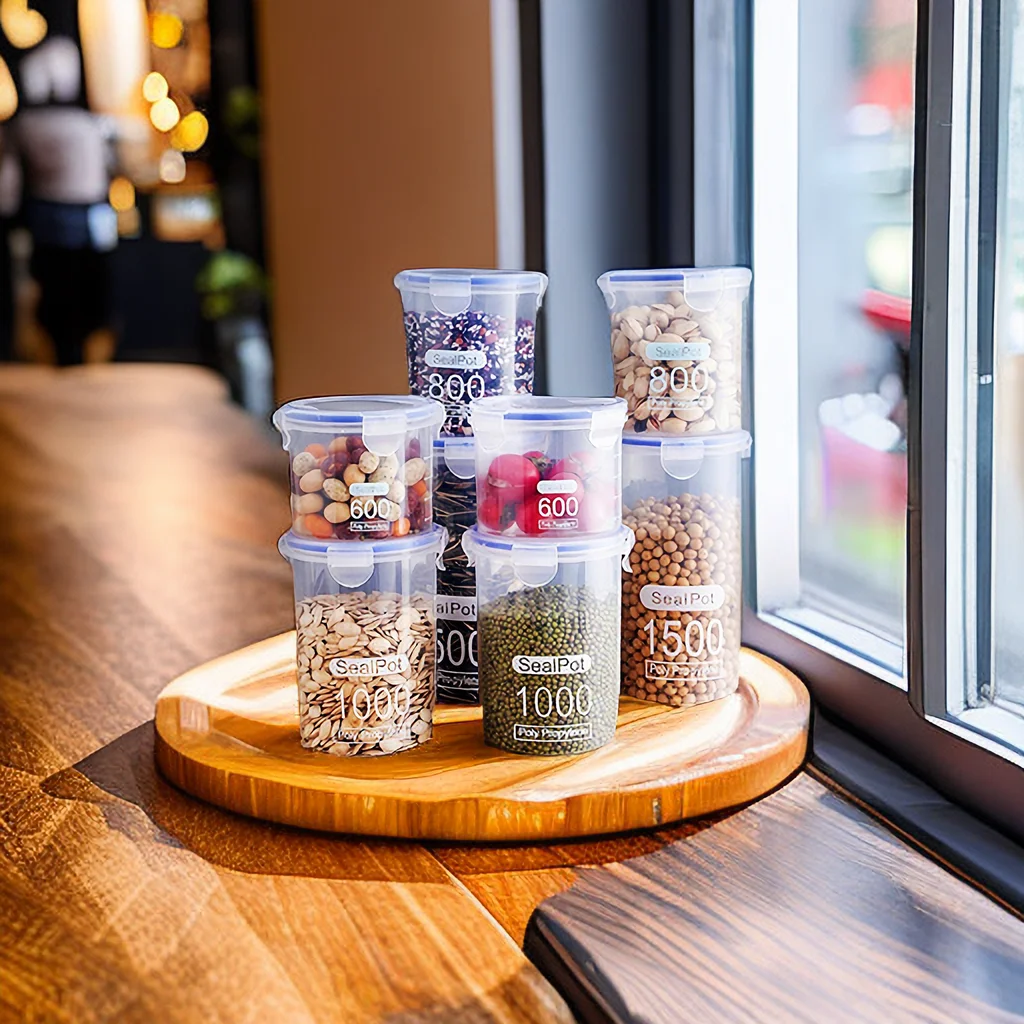 S M L XL Size Transparent Plastic Sealed Food Storage Pots Kitchen Grain Candy Spice Jars Storage Containers For Kitchen food storage pots