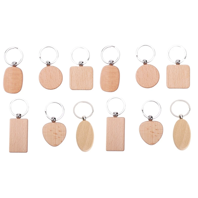 

100Pcs DIY Blank Wooden Key Chain Rectangle Heart Round Ellipse Carving Key Ring Wood Key Chain Ring