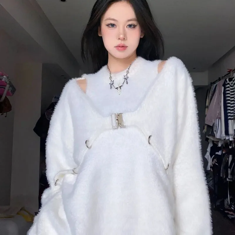 

Gentle Mink Fur Off-The-Shoulder Sweater Women's Outside Wear Autumn Winter New Fashion Loose Sweet Fake Two-Piece Knitwear Tops