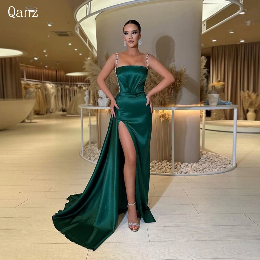 

Qanz Emerald Green Sexy Evening Dresses Spaghetti Straps Mermaid High Leg Slit Satin Wedding Party Dress Vestido De Noche 2023