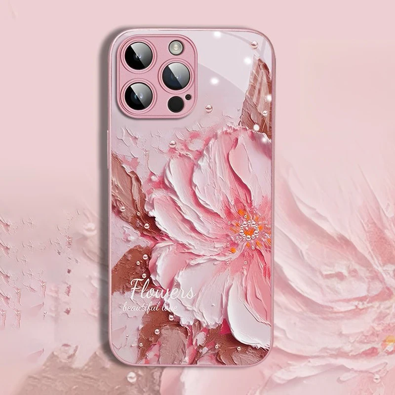 

Oil Painting Peony Flower Painted Shell For iPhone 15 14 13 12 11 ProMax X XR XSMAX Metallic Paint All-wrap Anti-drop Glass Case