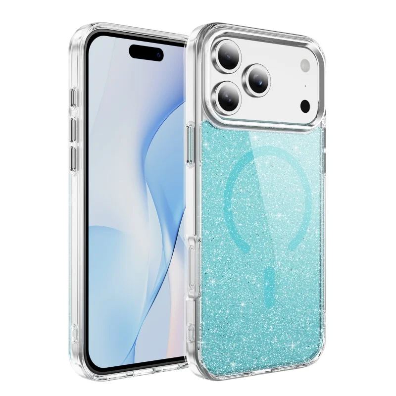 Glitter Clear MagSafe Magnetic Phone Case with Alloy Buttons and Anti-Fall Protection