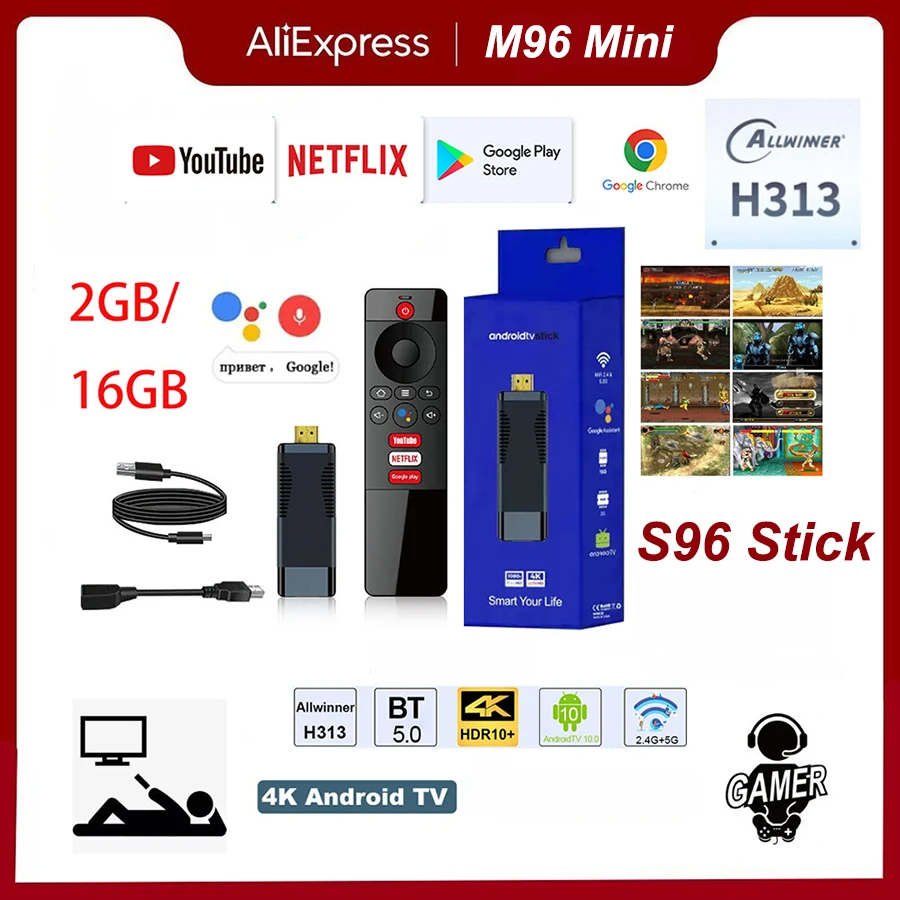 Smart TV Stick S96 Stick Android TV Box AllWinner H313 2.4G/5G WiFi Android  10.0 Top Box Bluetooth Voice Remote Control fire Stick tv 4k (2GB+16GB)