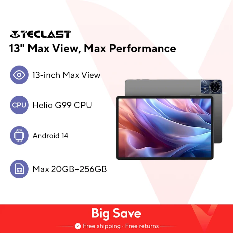 【World Premiere】Teclast T65 Max 13" HD Display Android 14 Tablet MediaTek G99 8GB RAM 256GB ROM 10000mAh Battery Widevine L1 1