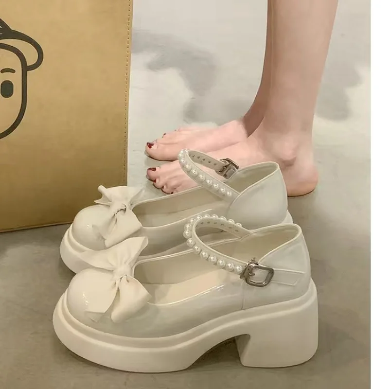 Round Toe Kawaii Lolita Shoes Woman Casual Elegant Pure Color Bow Pumps Non-slip Korean Style Medium Heel Shoes Chic Summer 2023 6