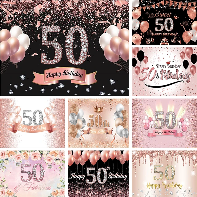 Fondo de feliz 50 cumpleaños para mujer, Fondo de fotografía de 50 años,  rosa, dorado, plateado, rosa, tacón alto, decoraciones de fiesta, pancarta  de mesa - AliExpress