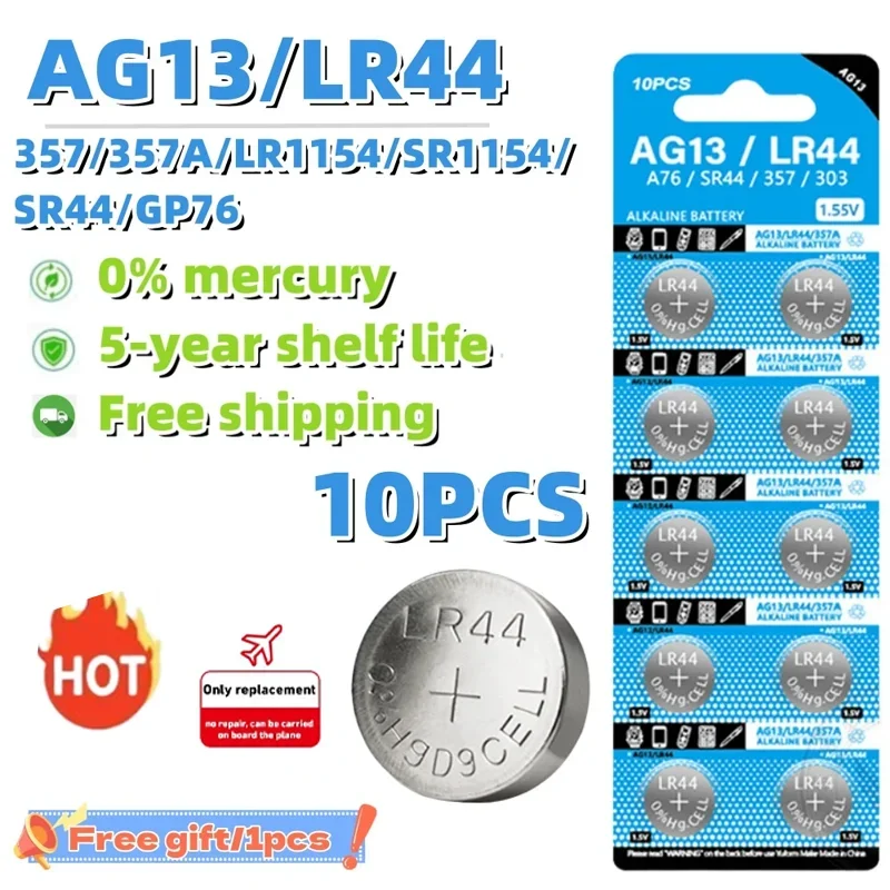 

Кнопочные батарейки AG13 LR44, 10 шт., 1,55 в, LR 44 L1154 RW82 SR1154 SP76 Pila SR44 A76 LR1154 GP7, батарейка для монет, часов, игрушек, батарейка с дистанционным управлением