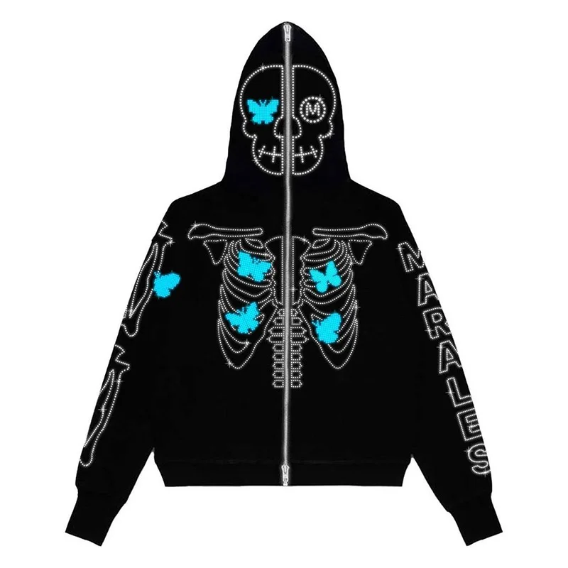 

Y2K Fashion Rhinestone Loose Hooded Cardigan Goth Long Sleeve Sweatshirt Halloween Outerwear Unisex Zip Up Hoodie Oversized Top