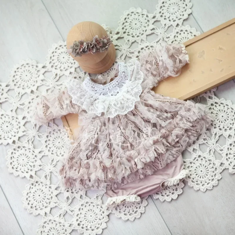 Dvotinst Newborn Photography Props Baby Girls Floral Lace Dress Shorts Headband 3pcs Set Fotografia Studio Shooting Photo Props