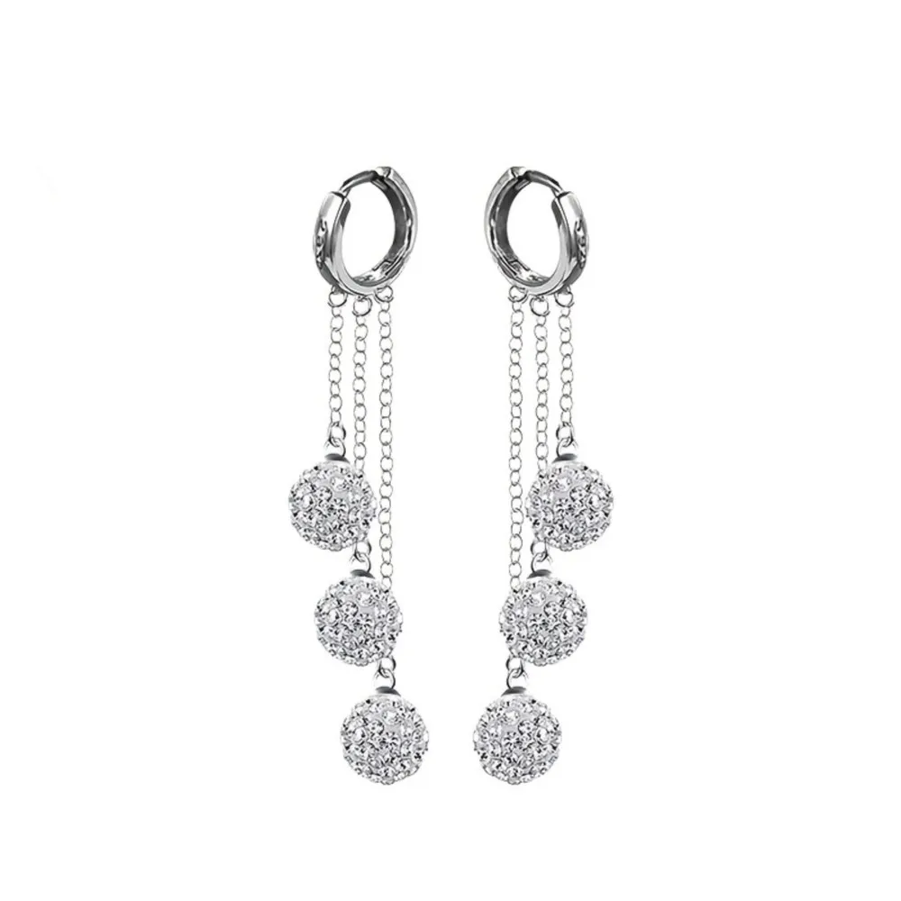 Silver Color 3 Shambhala Ball Design Tassel Lines Dangle Earring for Women Luxury Blingbling Hoop Earrings Holiday Wedding Gifts