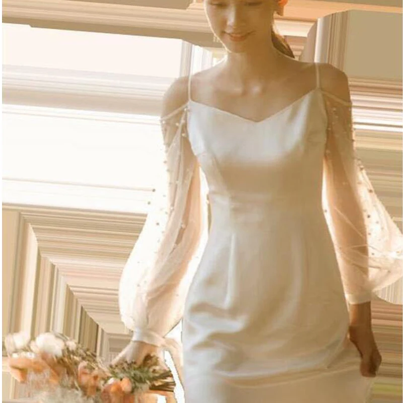

Summer Puffy Pearls Tulle sleeve strapless wedding dress accessories party Gown retro court elastic One Pair Seperate sleeves
