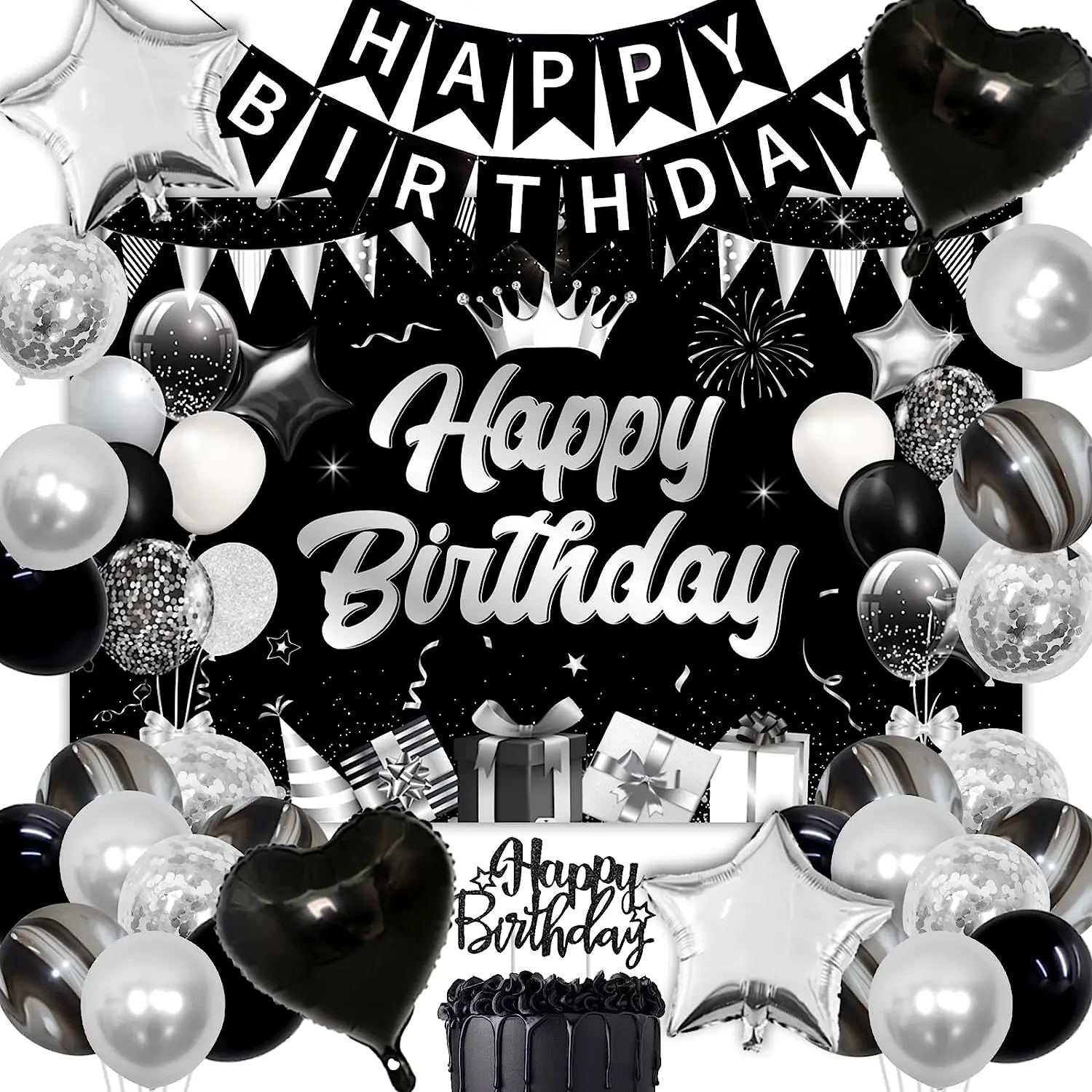 

Black and Silver Birthday Party Decorations, Happy Birthday Banner, Backdrop for Women, Men, 18th, 21st, 30th, 40th, 50th, 60th