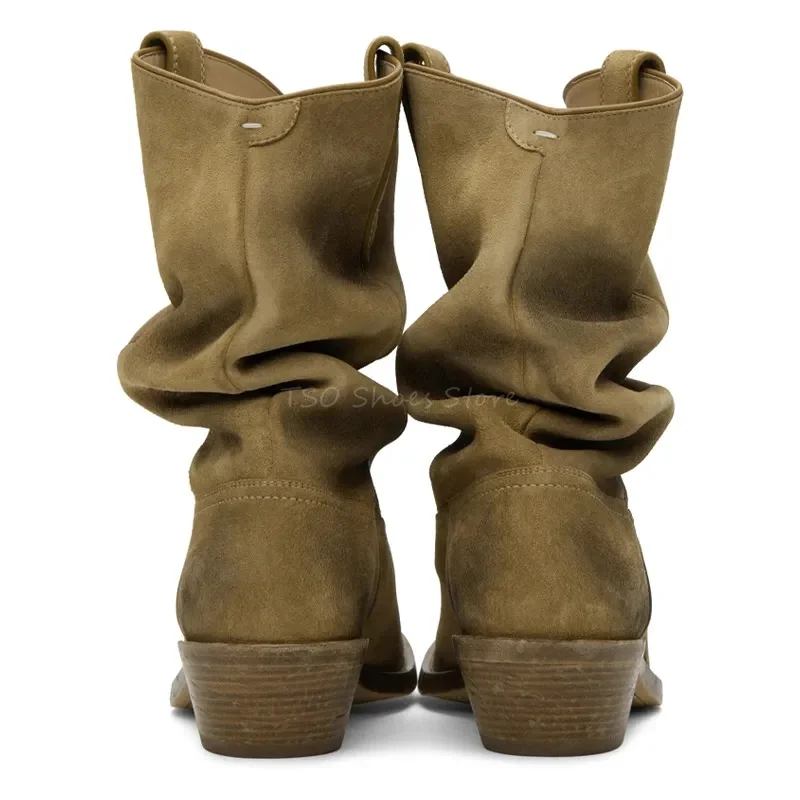 Pleated Fashion Split Toe Short Boots Men Shoes Winter Retro West Cowboy Mid Calf Boots High-Top Casual Boots Wear-Resistant