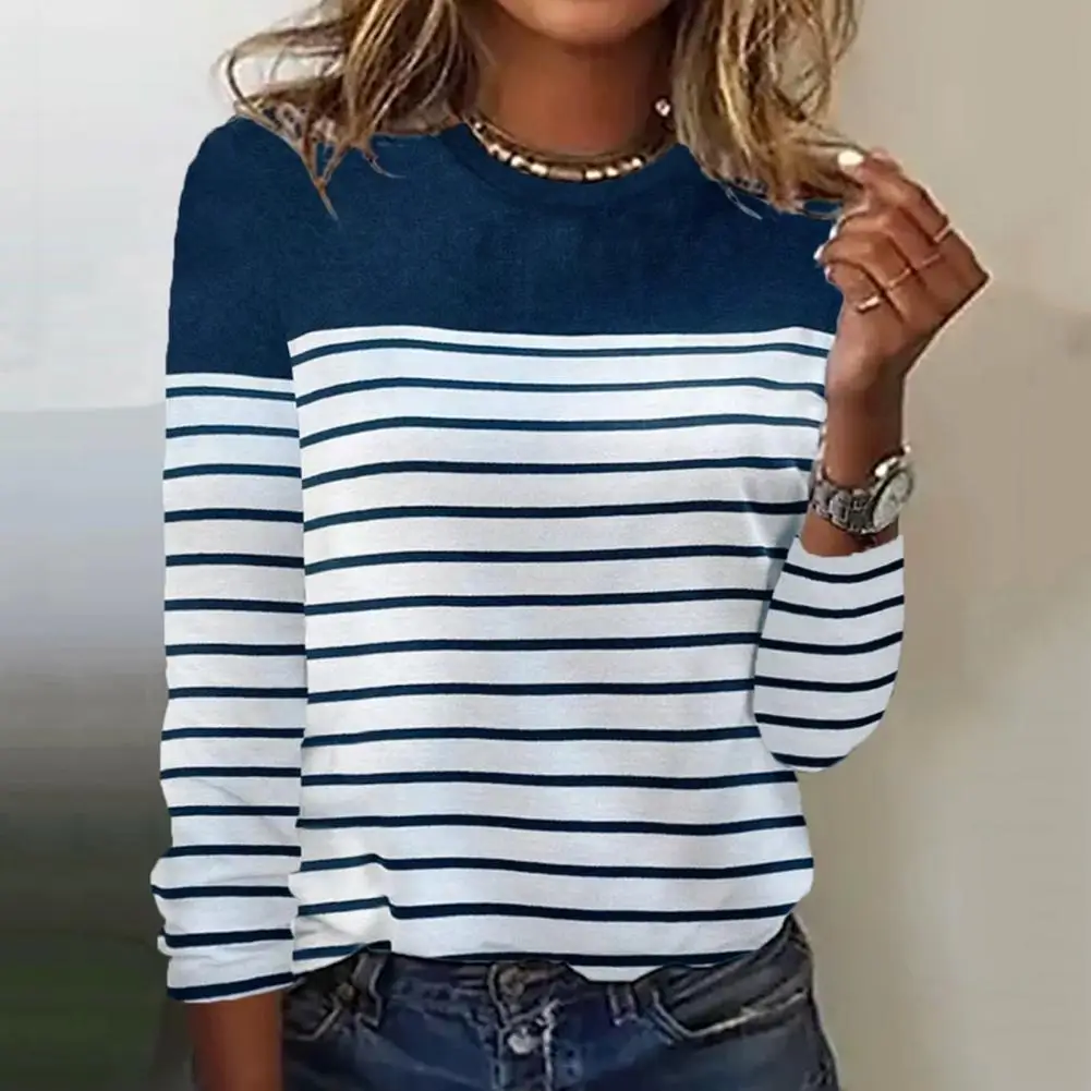 

Striped Print Top Breathable Patchwork Striped Women's T-shirt Casual Simple Style for Daily Wear in Fall Spring Loose Fit Long
