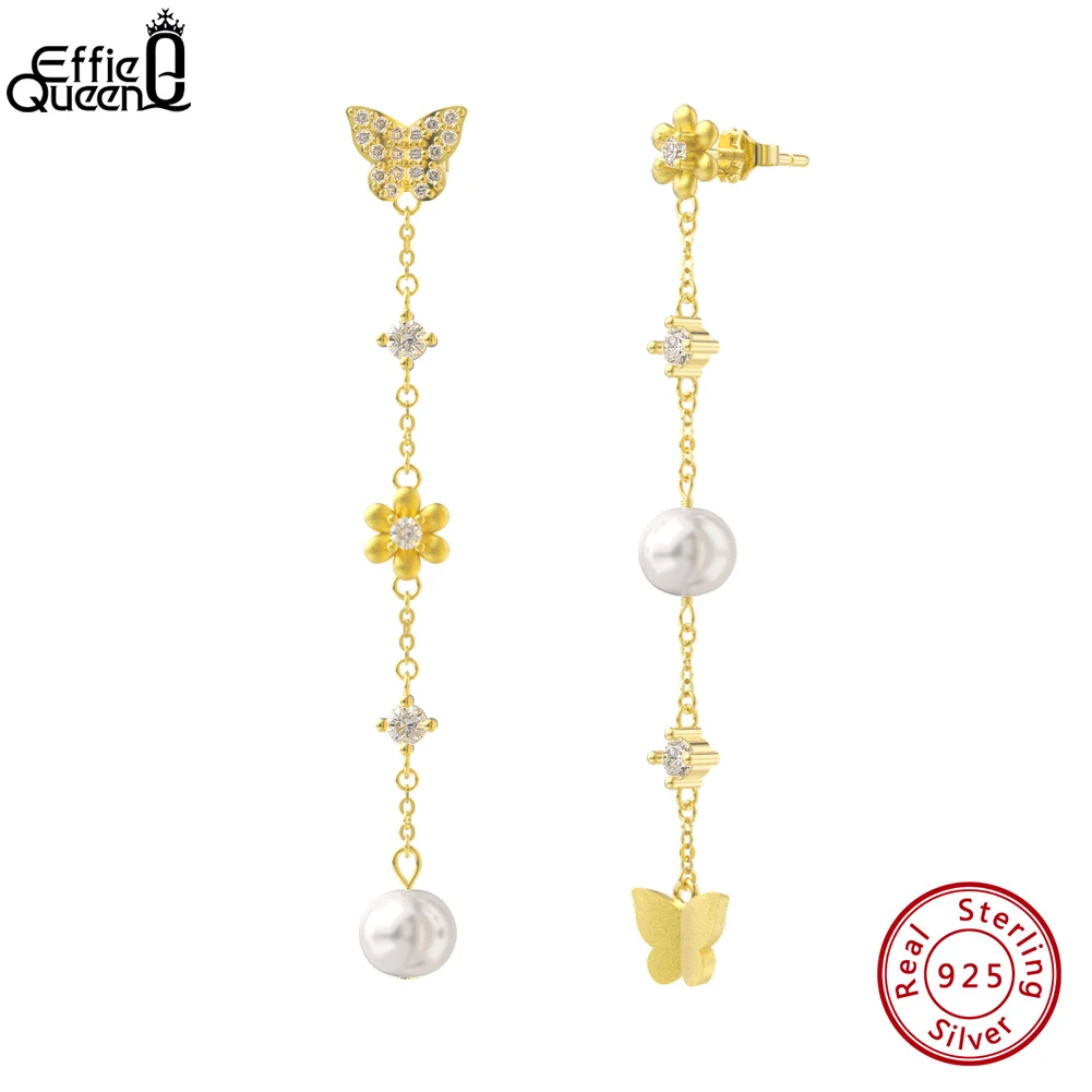 

Effie Queen 925 Sterling Silver Shiny Butterfly Dangle Earrings with Natural Baroque Pearls for Women Anniversary Jewelry GPE65