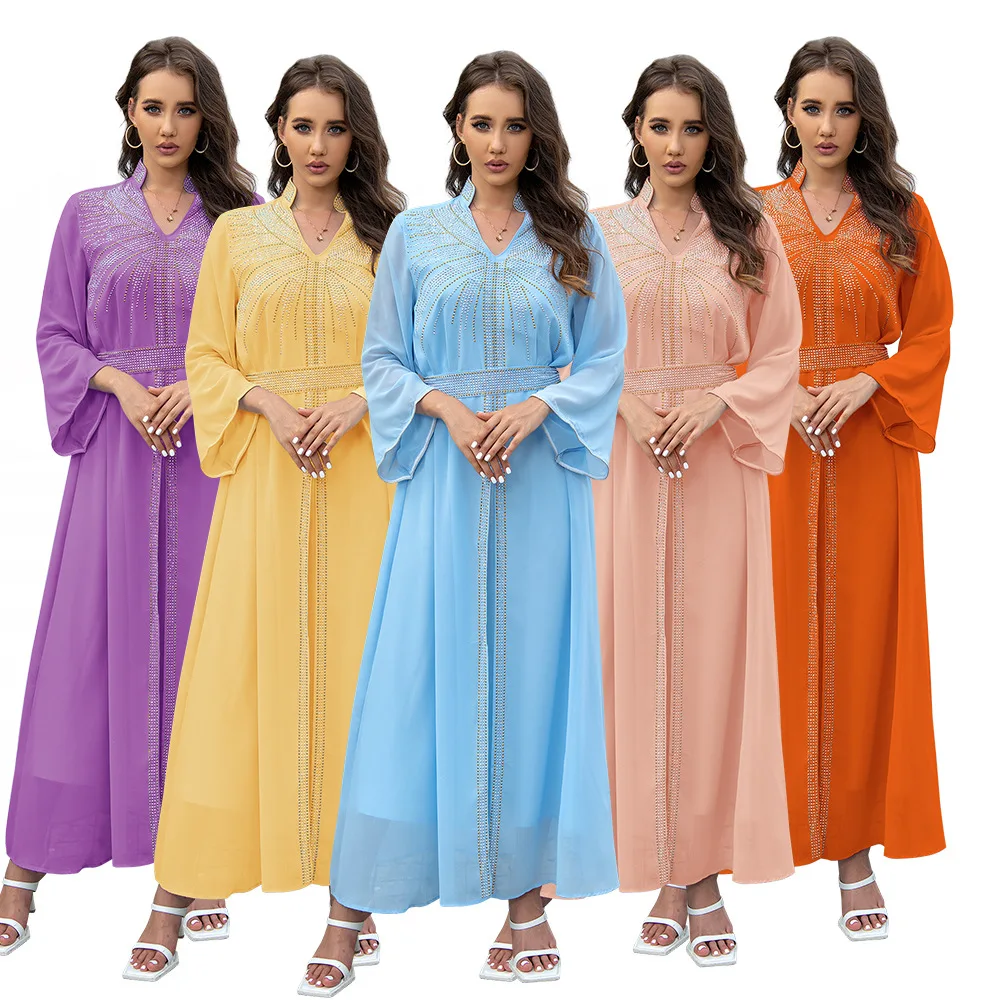 

Arab Chiffon Abayas For Women Diamonds Full Sleeve Notched V-Neck Belted Clothing Moroccan Evening Dresses Female