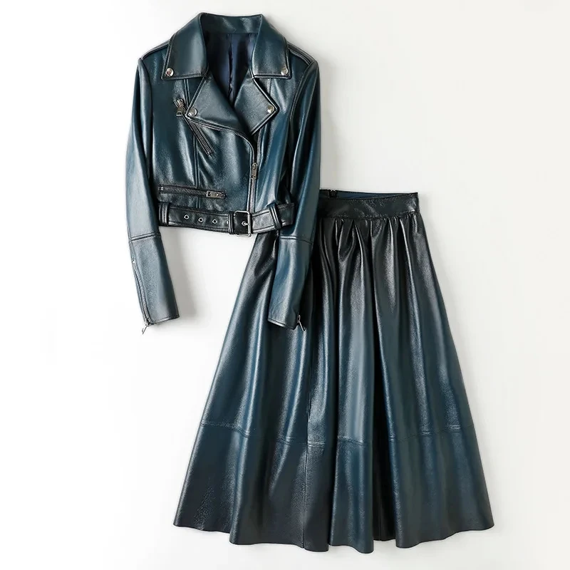 

Women Sheep Leather Clothes Fashion Gradient Colors Short Zipper Motorcycle Jackets & High Waist Skirts Real Leather Clothes