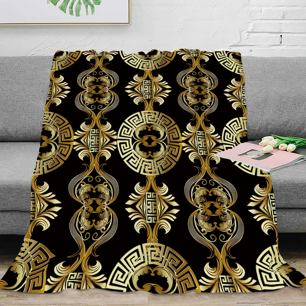 3D Luxury Black Gold Greek Key Meander Baroque Flannel Blanket Throw Soft Plush Fluffy Warm Home Decor Quilt Bedding Gift