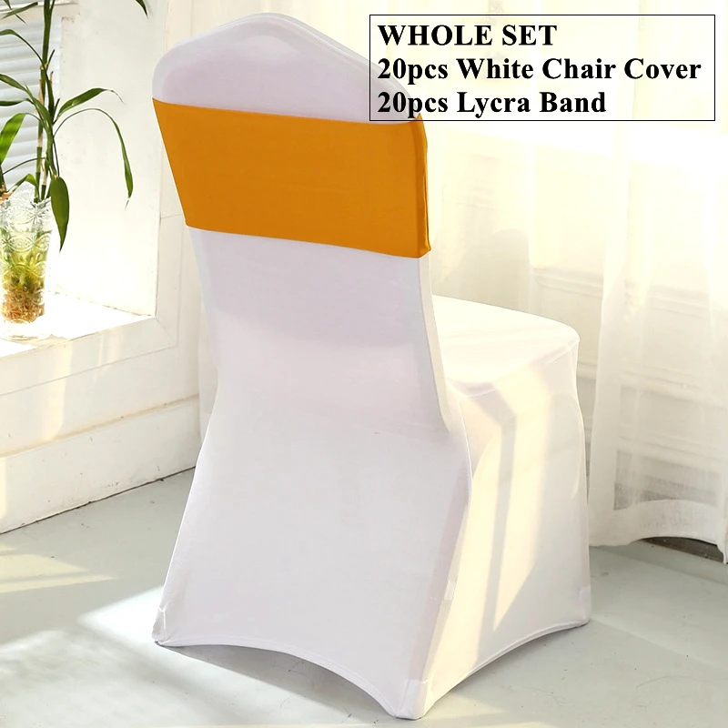 

Whole Set 20 White Spandex Banquet Chair Cover With 20pcs 18X35CM Lycra Chair Band Sash For Wedding Event Party Decoration