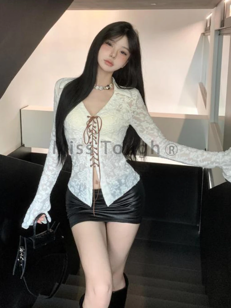 우아한 레이스 플레어 슬리브 상의, 여성 패션 Y2k V넥 솔리드 베이스 셔츠, 여성 디자인, 섹시한 레이스업 싱글 피스 탑, 프랑스 신상