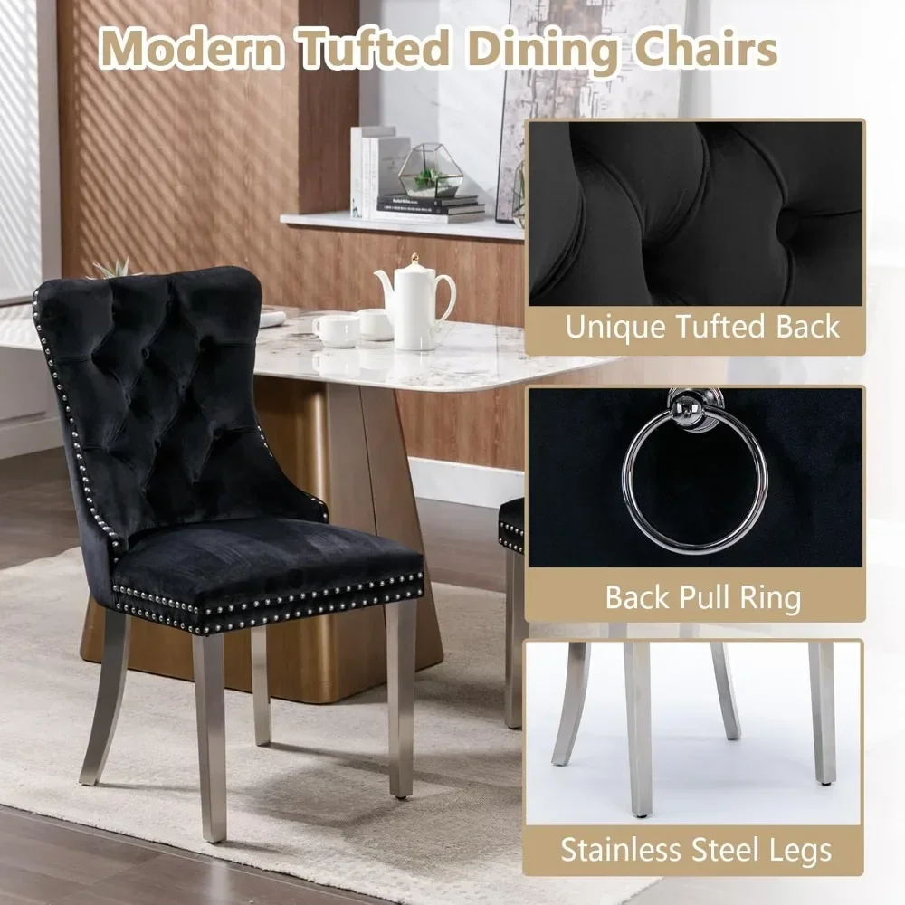 5 Piece Glass Dining Table Set, 51" Rectangular Glass Table and 4 Velvet Upholstered Chairs, Glass Dining Table Set for 4 6