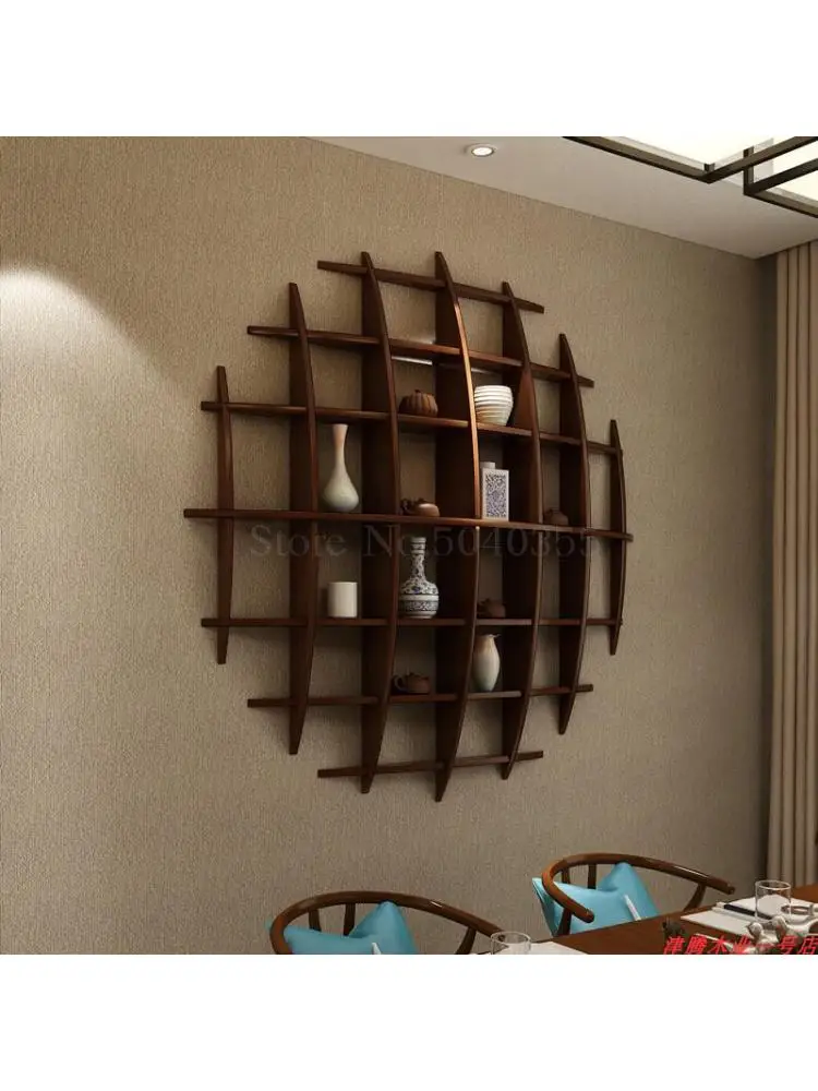 WallmountedDuobaoPavilionancientsolidwoodChineseteapotracklivingroomwallshelfZen