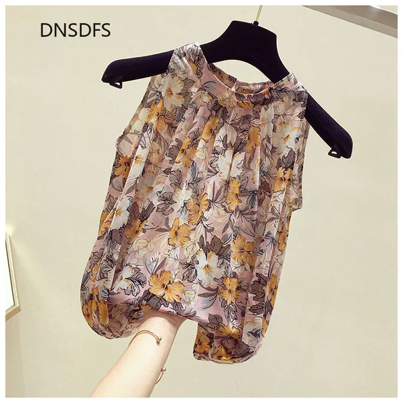 New Women Summer Shirt Korean Casual Floral Print Tops 2021 Spring Top Sleeveless Blouse Office Lady Chiffon Shirts Blsua | Женская