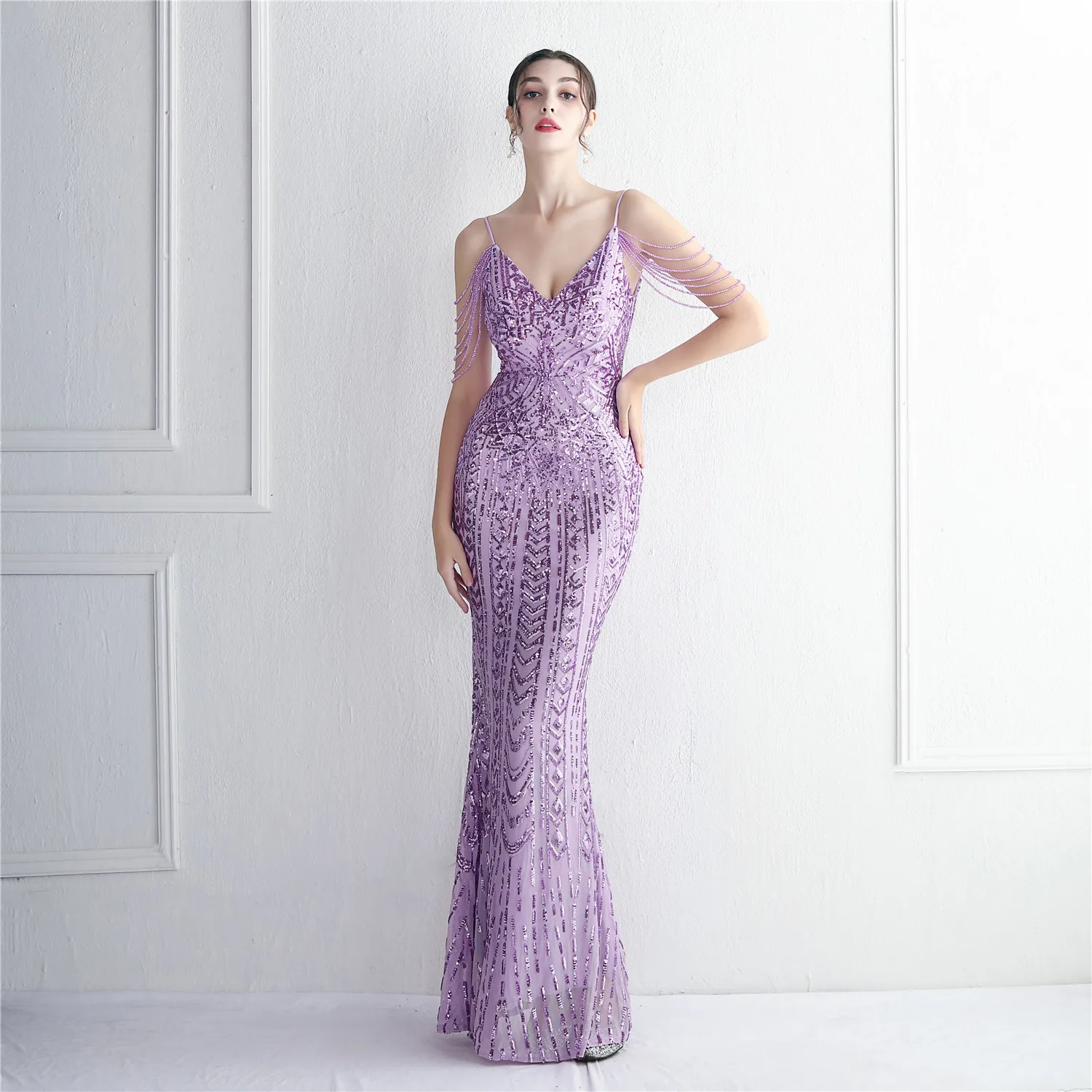 

Elegant Lavender Long Dress Evening Stunning Sequined Backless Beading Mermaid Prom Party Gowns 2023 In Stock Robe De Soiree