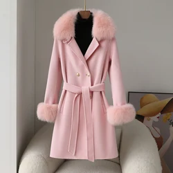 2023 New Cashmere Wool Coat Real Fox Fur Collar Fox Fur Cuffs Jacket Winter Long Loose Outerwear Wool Casaco Women With Belt