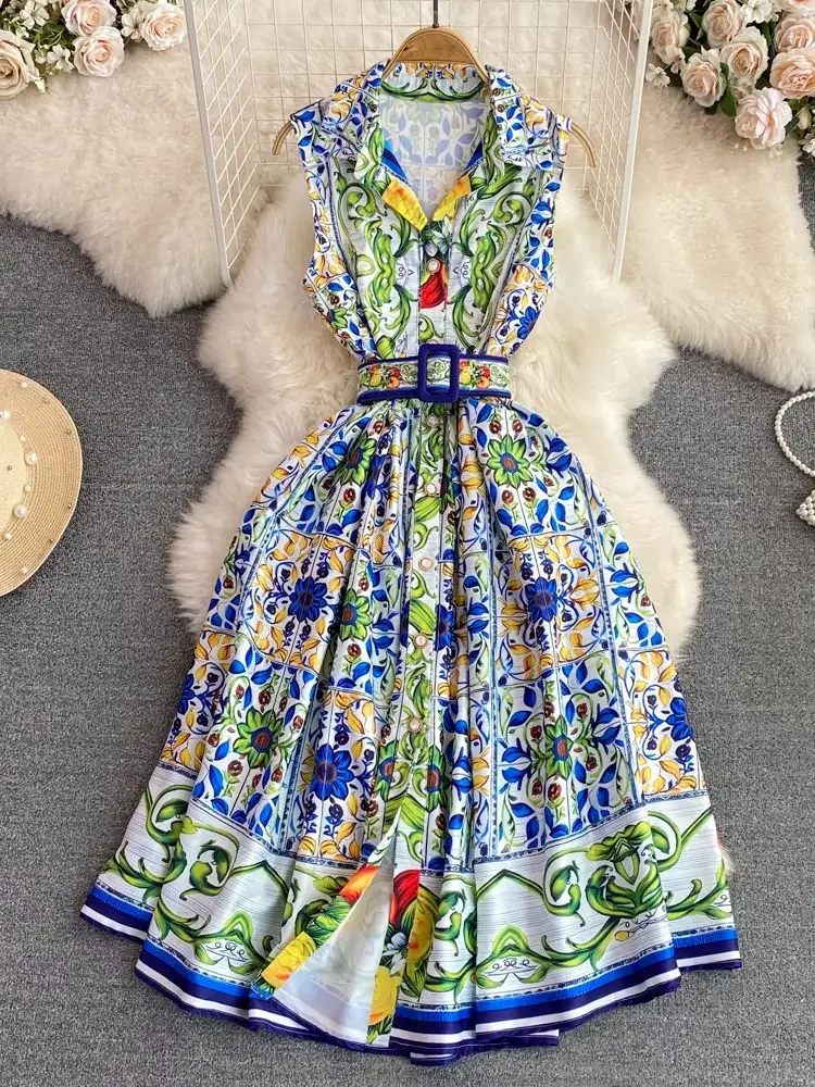Summer Runway Sleeveless Turn Down Collar Single-Breasted A-Line Dress  Women Holiday Flower Printing Belt Party Beach Vestidos - AliExpress  200000345