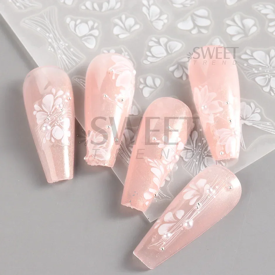 White Lace Flower Nail Art Sticker Acrylic Floral Charm Adhesive Sliders Elegant Wedding Bride Simple Line Design Manicure Decal