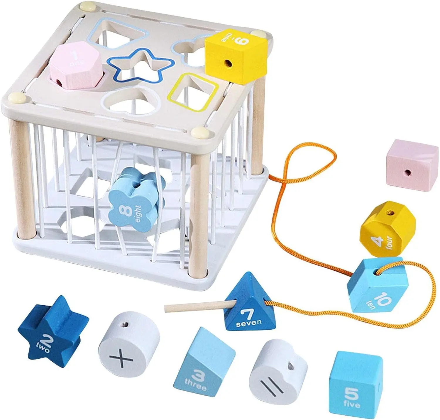 Baby Shape Sorter Cube Toddler Montessori Toys Shape Stringing Threading Toys Fine Motor Stacking Block for Boys Girls