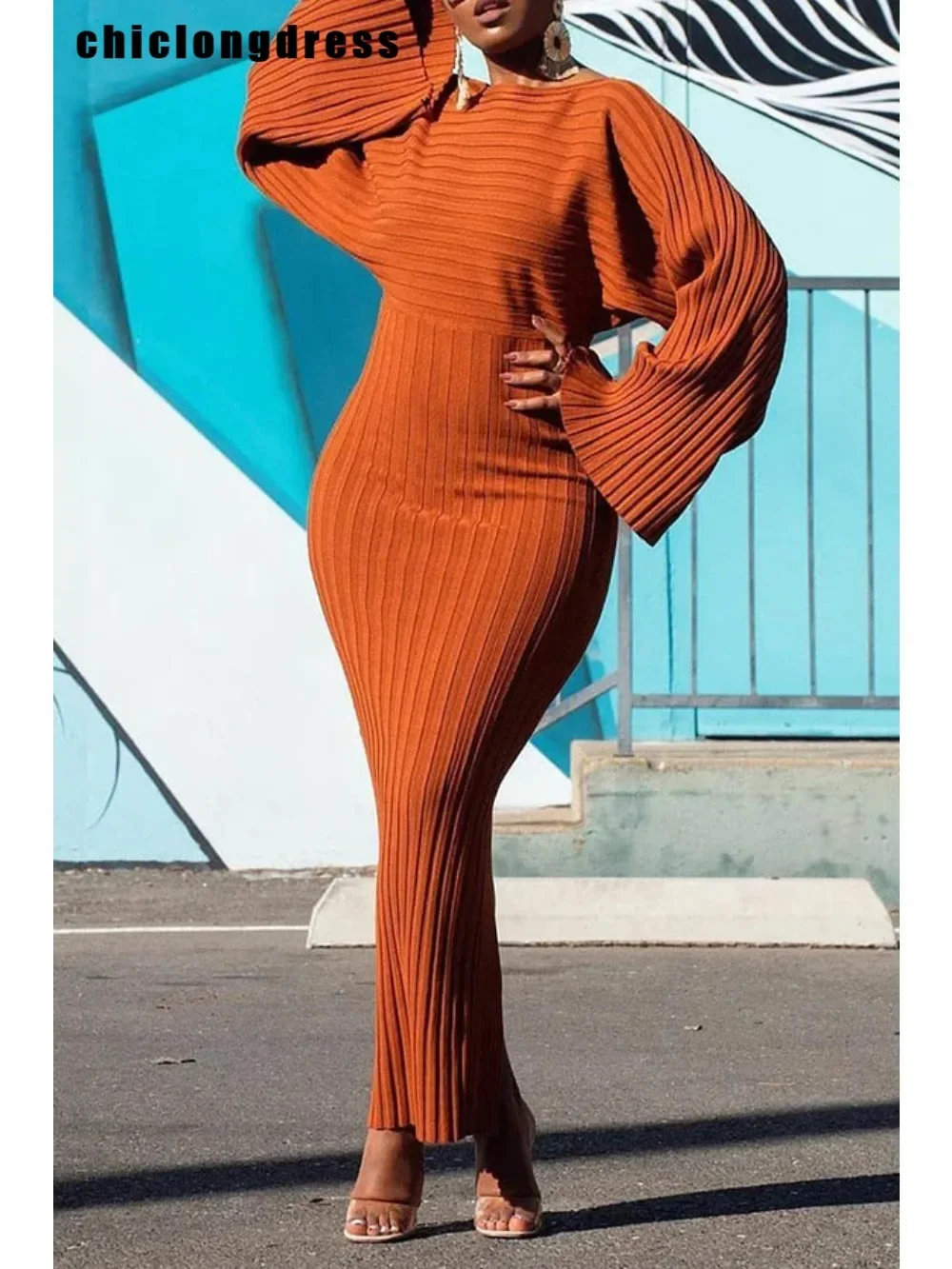 

Осенне-зимнее модное эластичное трикотажное платье, женское элегантное однотонное облегающее трикотажное платье с круглым вырезом и расклешенными рукавами для женщин