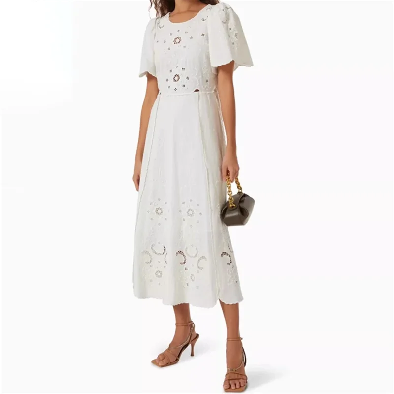 

fashion summer dresses 2024 New in cotton linen blend short sleeved long dresses Flower embroidery hollowed out Midi dresses y2k
