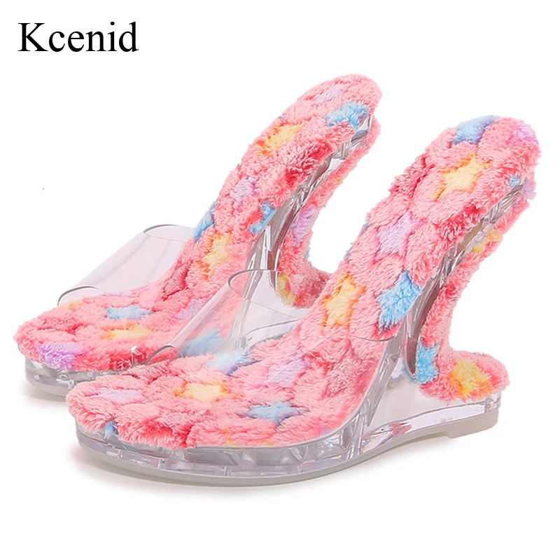 Kcenid New Transparent Slippers For Women Fluffy Insole Women's Sandals Fashion Open Toe Strange Wedge Heels Platform Shoes 2024