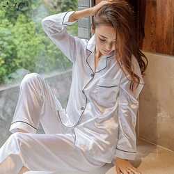 Women's Satin Button-Down Pajama Set - Cozy Long Sleeve Loungewear - XXXL (White)
