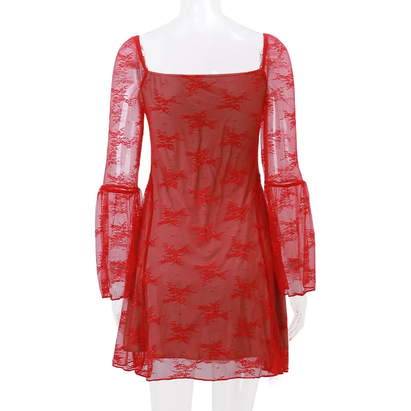 European and American women's new flared sleeve ballet style sexy and pure desire lace wrapped chest print long sleeved dress