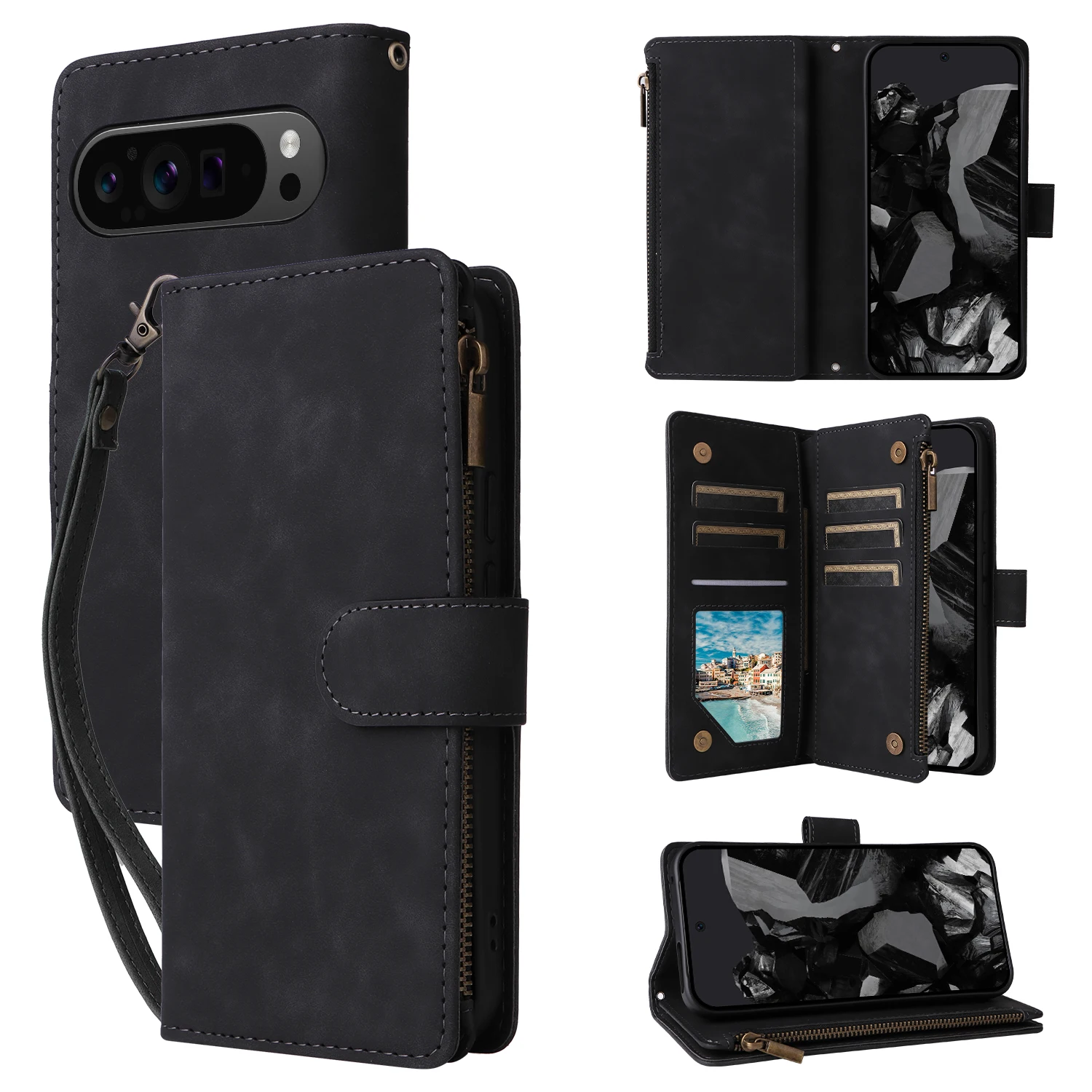 Crossbody Leather Wallet Phone Case with Strap and Stand Feature