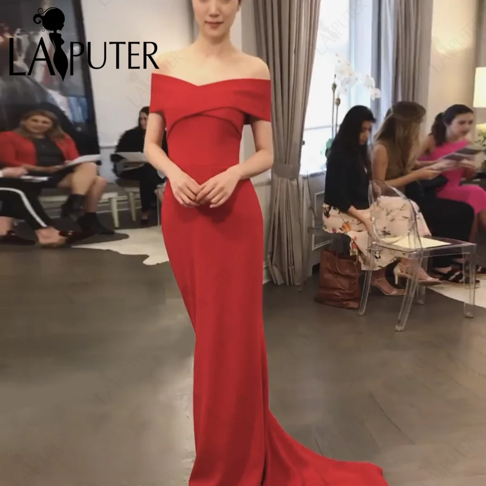 

Off Shoulder Red Evening Dresses Heavy Crepe Stretchy Party Celebrity Dress Crisscross Pleat Red Prom Gown
