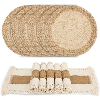 Handmade Boho Placemats Set of 6Natural Cotton Burlap and Water Straw Woven Combination Table Mats, Macrame DécorFarmhouse 1