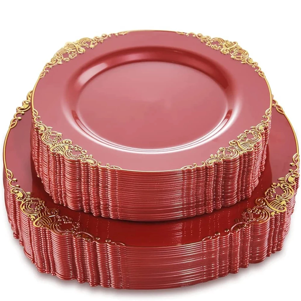 

20 Pieces of Red Plastic Tray 7.5in and 10.25in Disposable Tableware Suitable for Independent Days Parties and Weddings