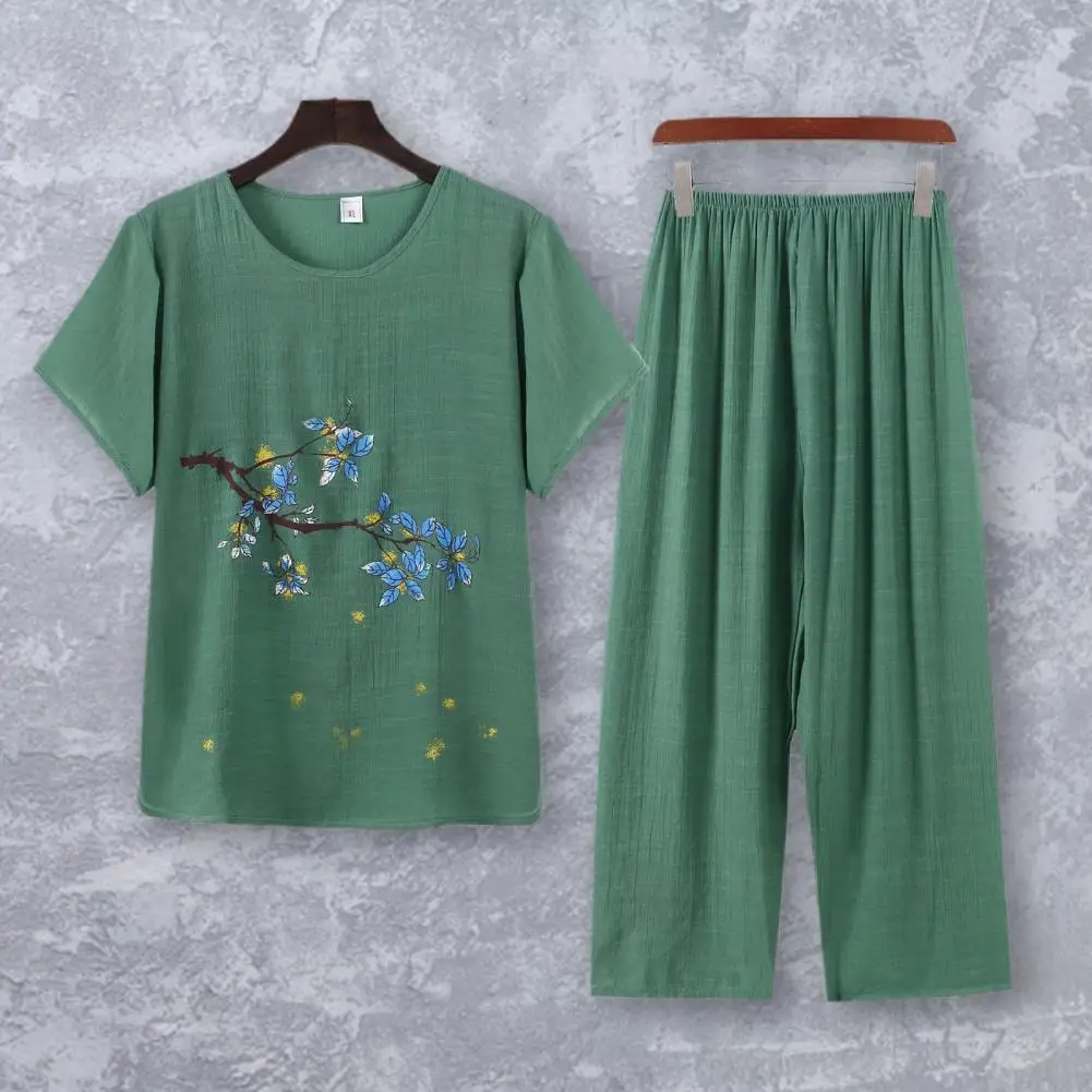 

2 Pcs/Set Women Top Pants Set O Neck Flower Print Grandma Style Elastic Waist Grandmother Summer Pajamas Set For Daily Wear
