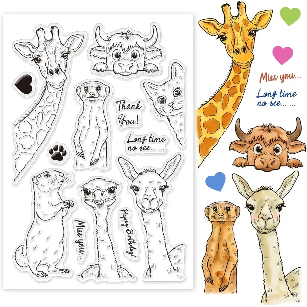 Clear Stamps Various Funny Animal Heads Giraffe Cat Cow Ostrich Alpaca Groundhog Cartoon Animals Transparent