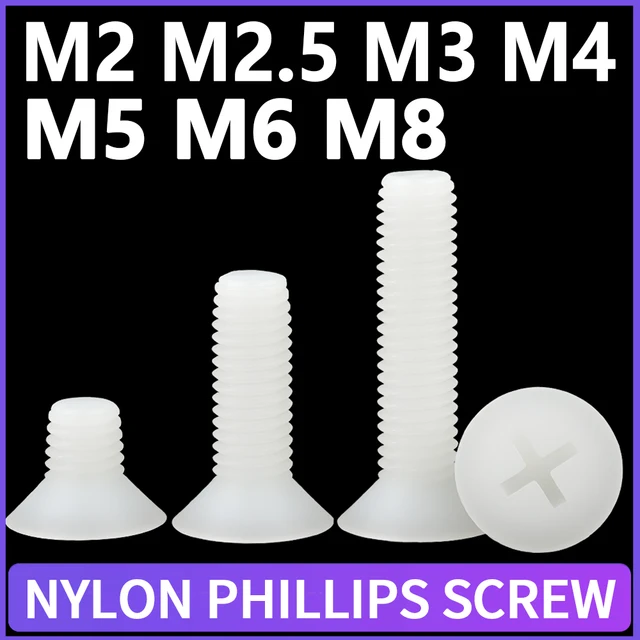 White Plastic Nylon Machine Screws – Phillips/Flat Head, M2 To M8 Sizes (PA66 Grade)