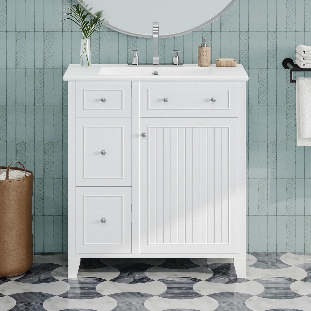 30-Inch Bathroom Vanity Cabinet with Ceramic Basin, Double-Layer Drawer, Deep Drawer and Adjustable Shelf