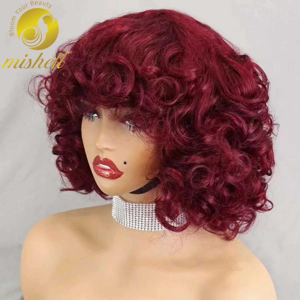 Human hair wigs 200% Density 99J# Burgundy Bouncy Curly Human Hair Wigs with Bangs Short Machine Made Loose Curly Bob Wigs PrePlucked for Women