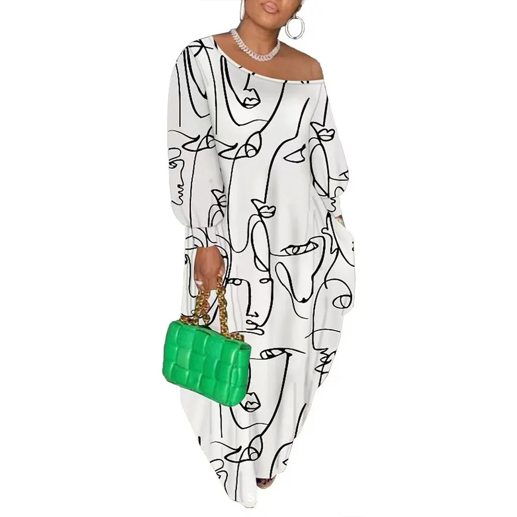 

Chic Off Shoulder Lantern Long Sleeve Loose Midi Dress Sexy Party Evening Dress 2023 Autumn Cartoon Print Clothes Robe Commuter